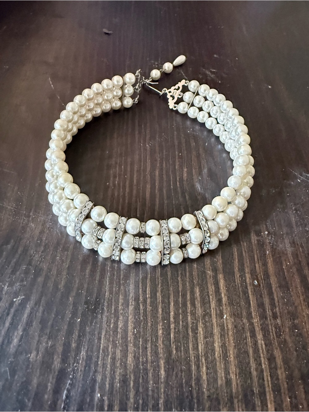 Vintage Three-Strand Faux Pearl and Rinestone Bars